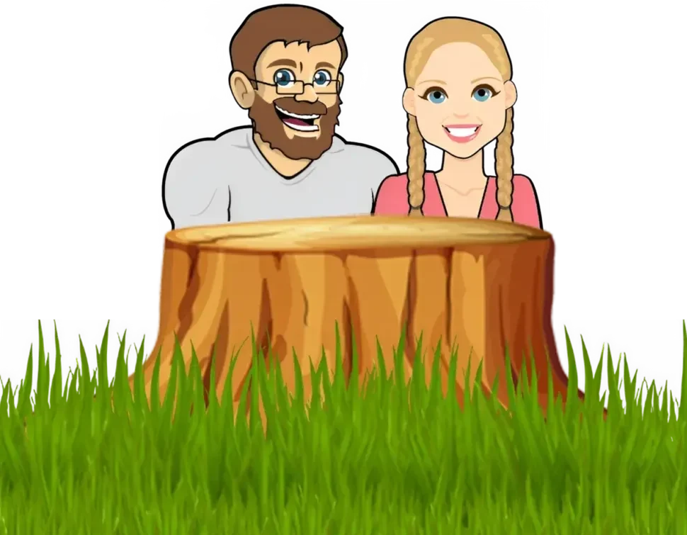 Cartoon illustration of the Bloom Stump Removal husband-and-wife team behind a tree stump