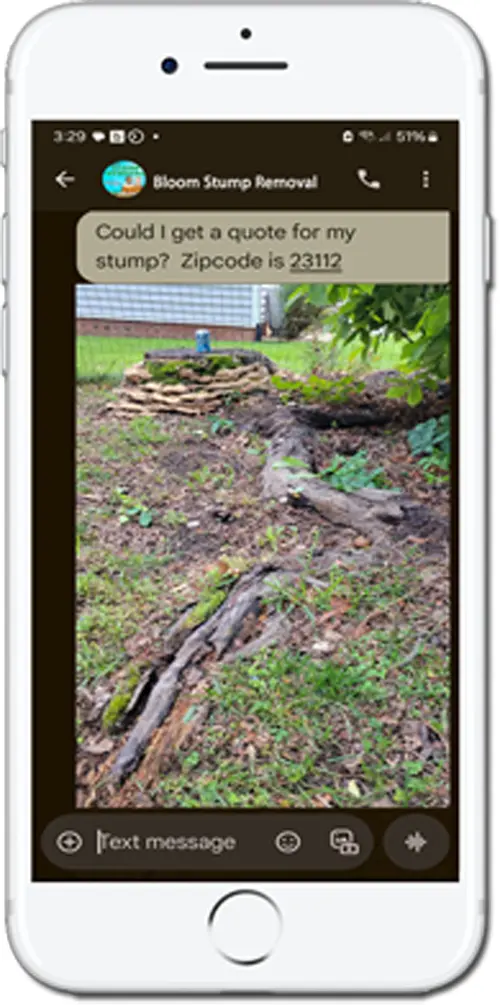 Smartphone displaying a photo of a tree stump for a stump grinding quote